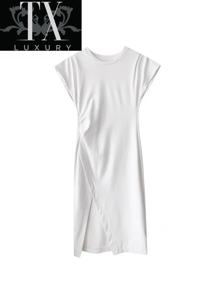 

New Solid Suspender Sexy Gentle V-Neck Retro Long Dress With Side Slit Beach Party 2022 Summer Short Sleeve Clothes