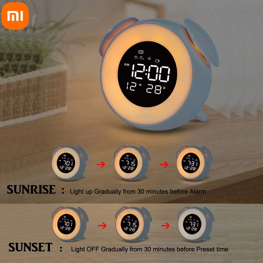 

Xiaomi Bedside Sunrise Sunset Wake Up Light Digital Led Music Alarm Clock Bedroom Desk Calendar Snooze Clock Table Phone Charger