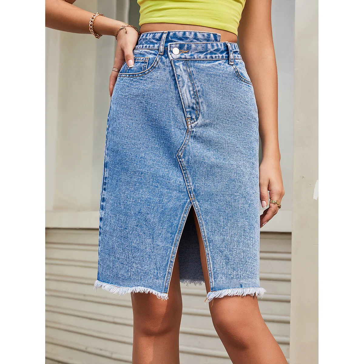 

Новинка 2023, женская тонкая трапециевидная юбка с разрезом и высокой талией