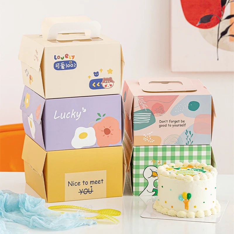 

Cartoon 4 Inch Dessert Portable Carton Bake Mousse Biscuit Handle Storage Package Wedding Birthday Party Cake Package Paper Box