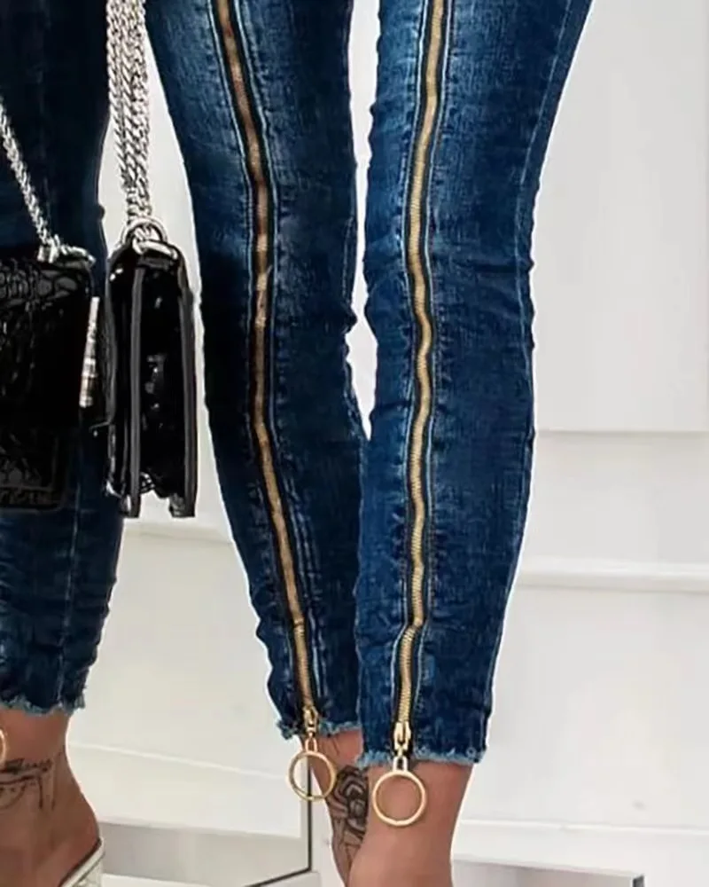 Kohuijoo High Strecth Skinny Pencli Jeans Women Summer 2023 Dark Blue Mid Waist Slim Fashion Zipper Vintage Washing Jeans Pants