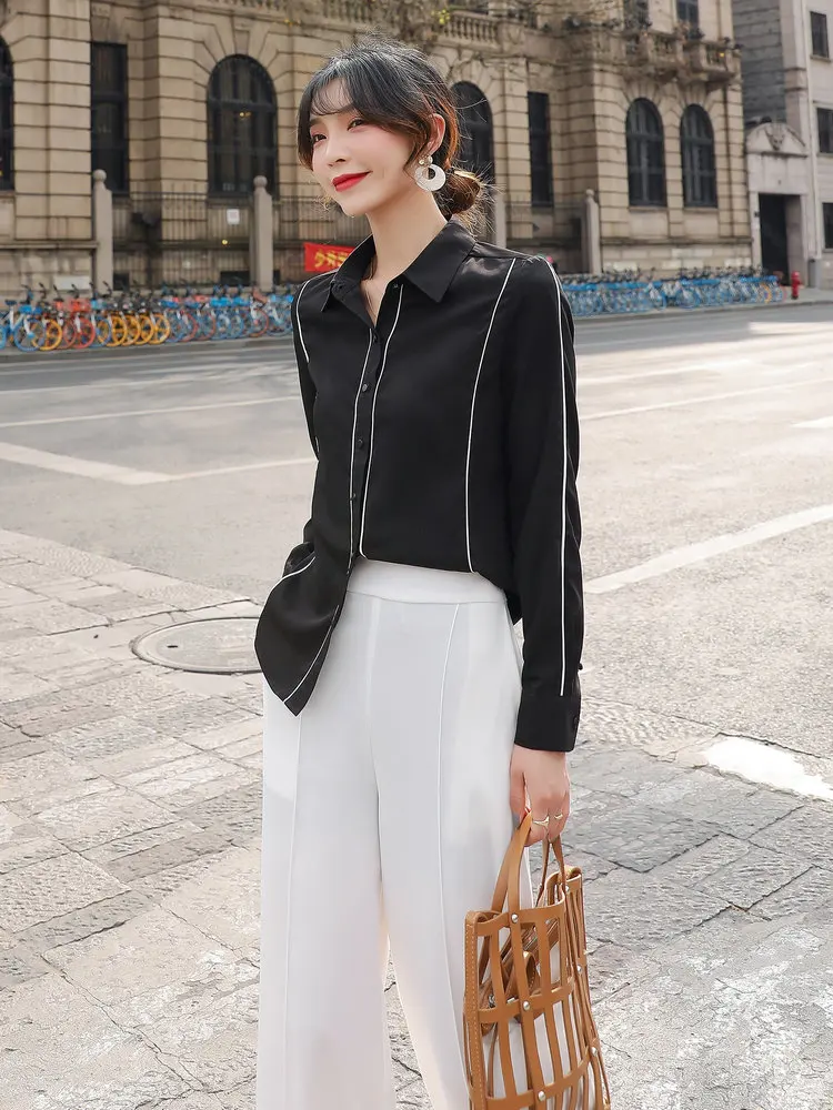 Women Black Shirt And White Wide Leg Pant 2PCS Suits Sets Office Lady Elegant Striped Top And High Waist Trousers Twinset Outfit