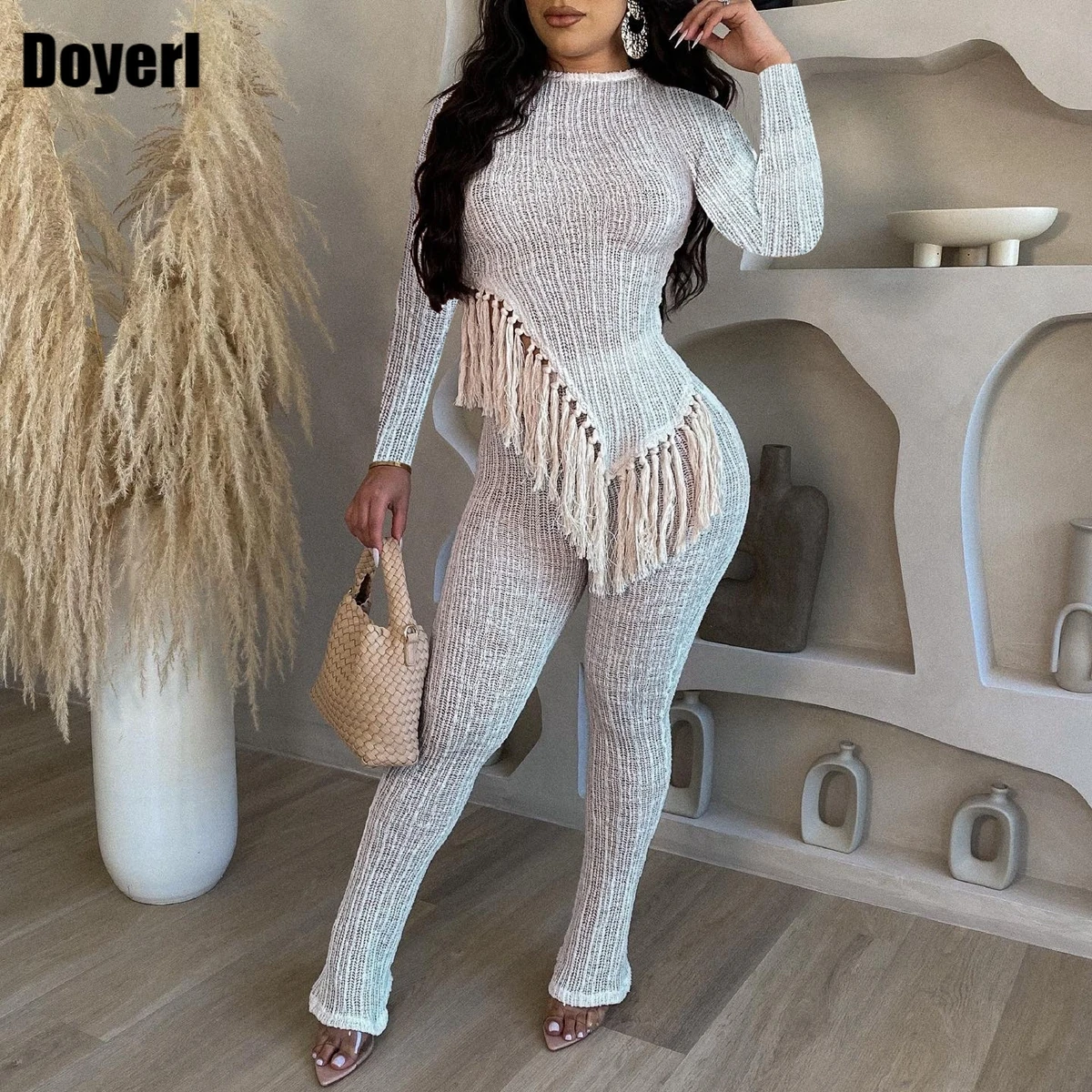 Комплект из двух предметов с бахромой и кисточками Белый Топ длинным рукавом