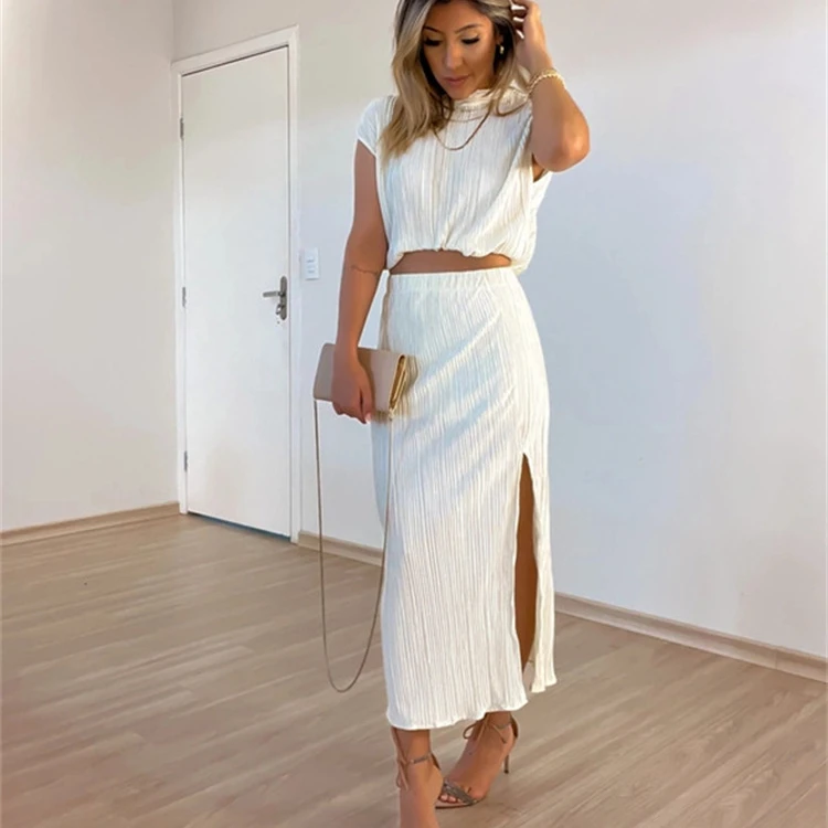 

New Pleated Half Turtleneck Short Shirt High Waist Slit Mid-Length Skirt Two-Piece Set skirt set for women elegant 2023