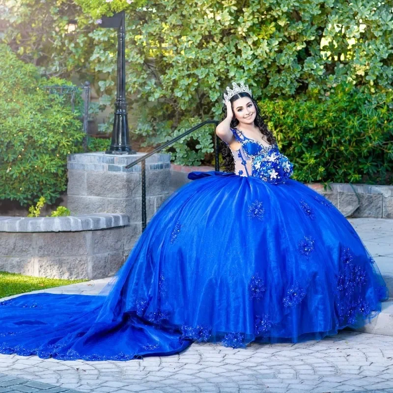 Женское платье со шлейфом синее принцессы для вечеринки в честь Дня Рождения 15