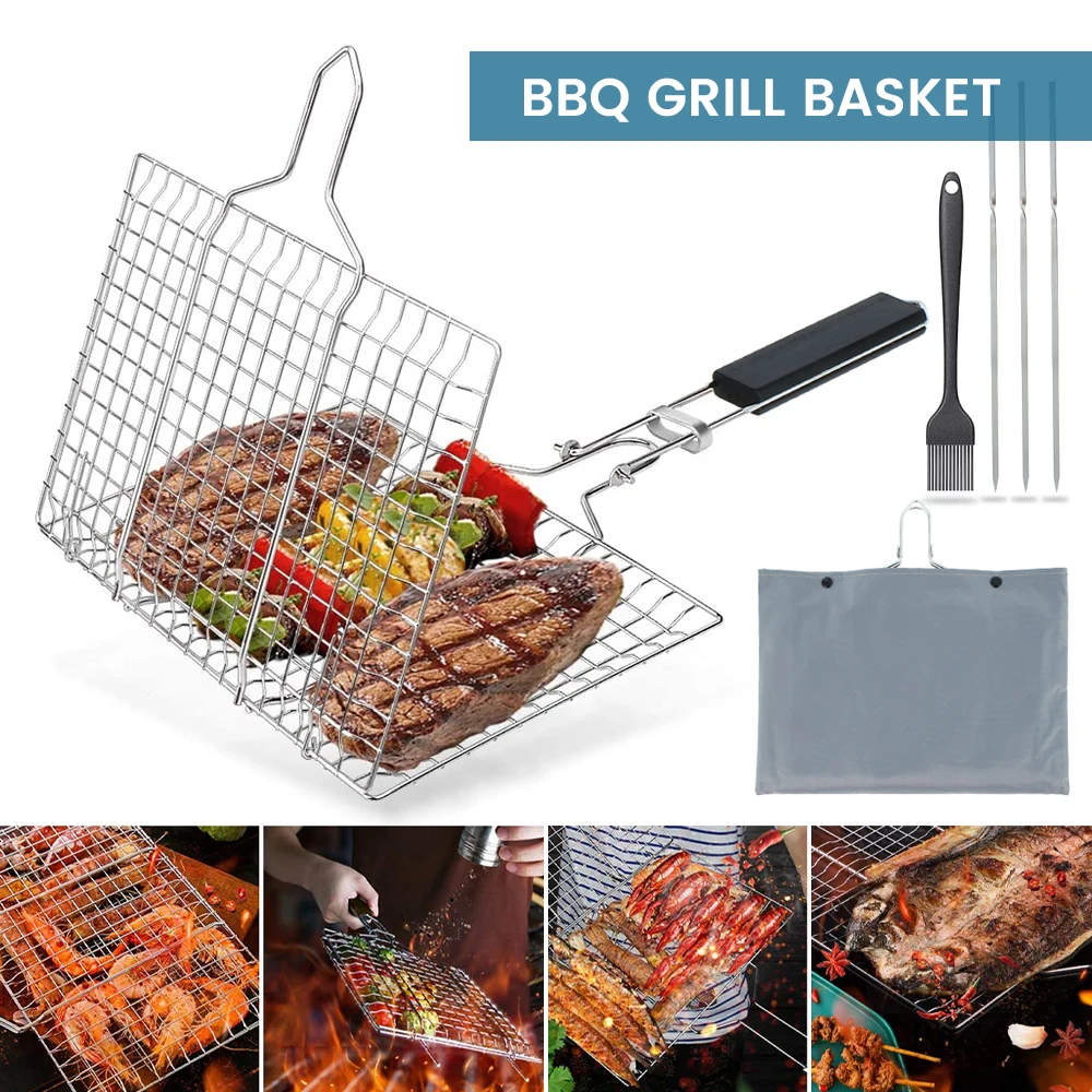 

NewPortable BBQ Grill Basket, Stainless Steel Barbecue Fish Grilling Basket Grill BBQ Net with Foldable Handle for Grilling