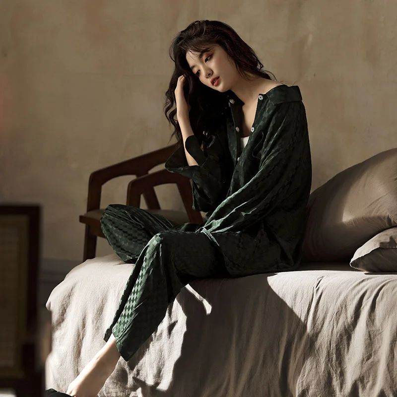 Green Flower Pajamas Luxury Europe Designer Soft Home Wear Set Female Pyjamas Long Sleeve PJ Set Night Wear