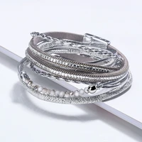 wholesale fashion multi layer long square stone bead ornament magnetic buckle woven bracelet bangle ladies