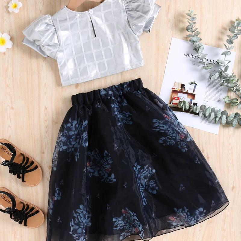 Pretty Princess Summer Short Sleeve Plaid PU Top T-shirts Mesh Flower Knee-length Skirts Kids Baby Children Clothing Set 2pcs