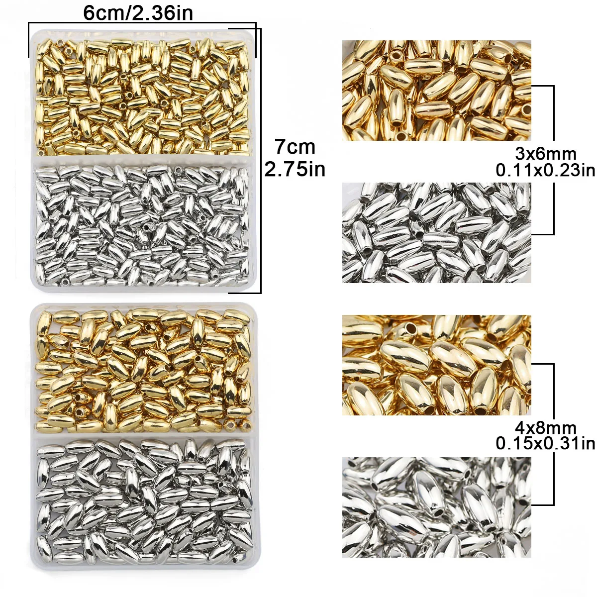 200 шт. 3 × 6/4 8 мм рисовые трубки россыпью набор бусин в коробке золотой серебристый