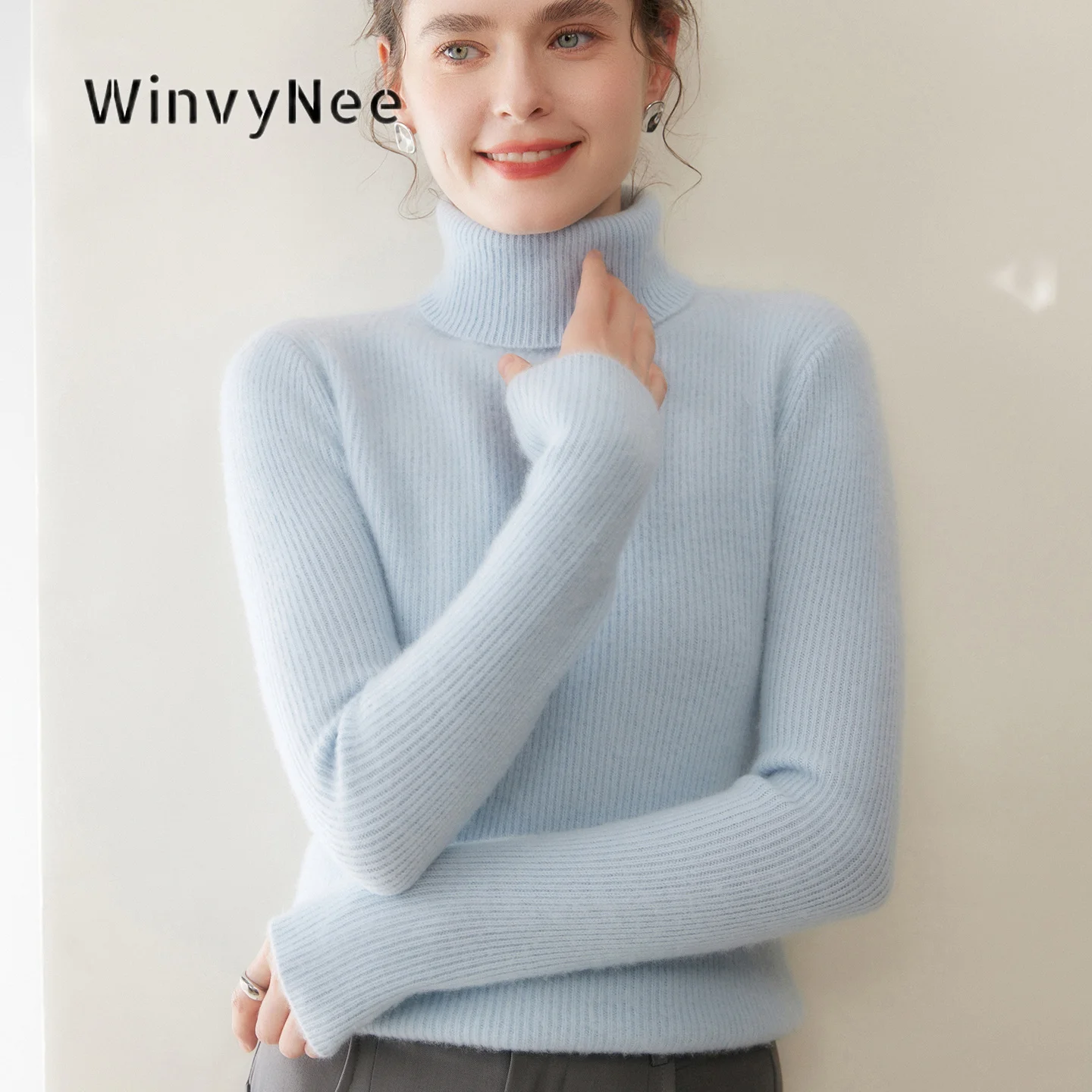 Фото Женский кашемировый свитер-гольф WinvyNee с плотной вязкой в рубчик, теплый, шелковистый на ощупь, подчеркивающий фигуру, премиум-класса, вязаный пуловер A1054083 №1