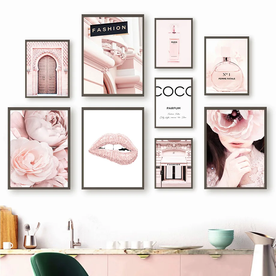 

Fashion Girl Pink Flower Perfume Lips Door Nordic Posters And Prints Wall Art Canvas Painting Wall Picture For Living Room Decor