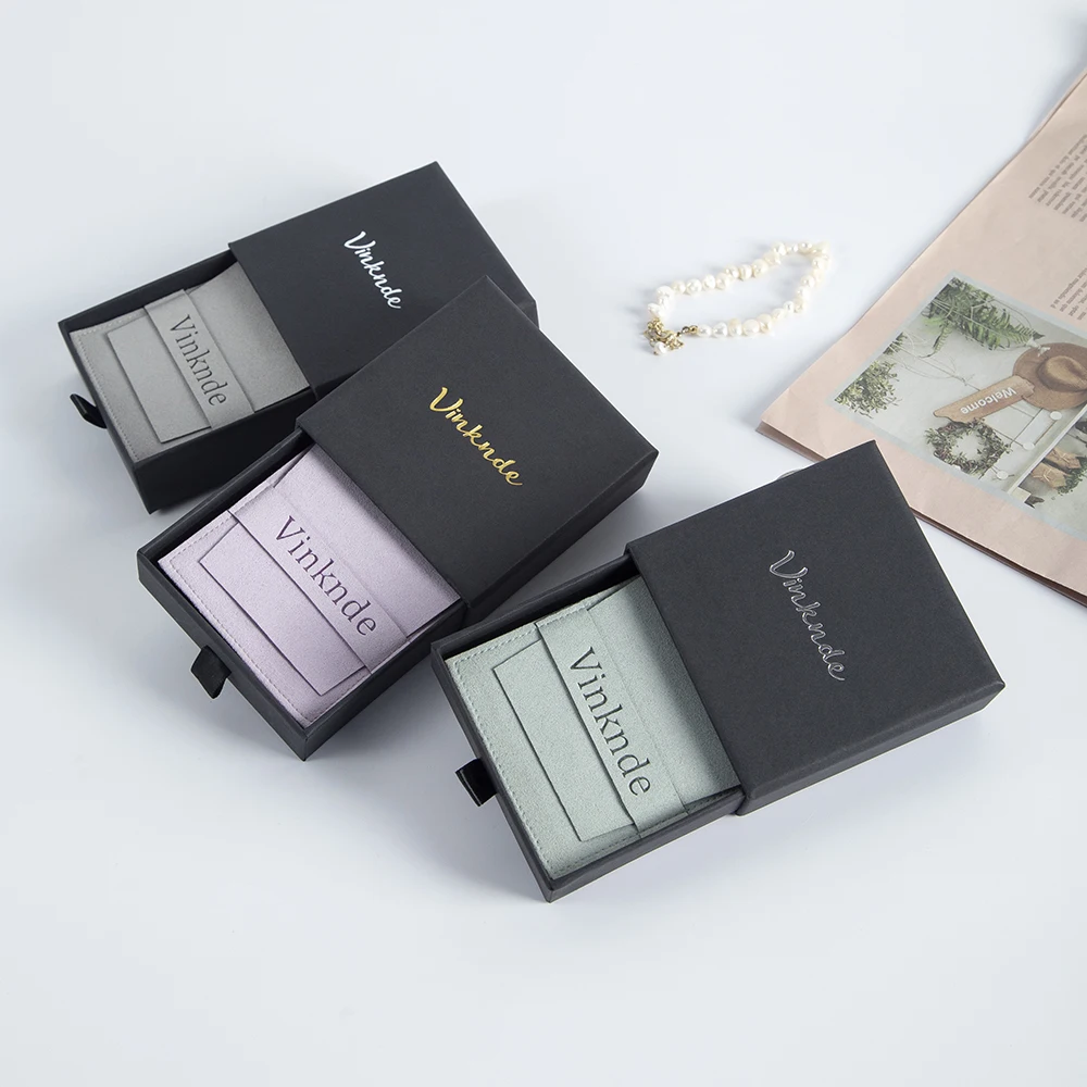 Black Drawer Jewelry Box Microfiber Gift Bags Pouches Sst Custom Logo Bulk Rings Earrings Packaging Storage Cardboard Case Boxes