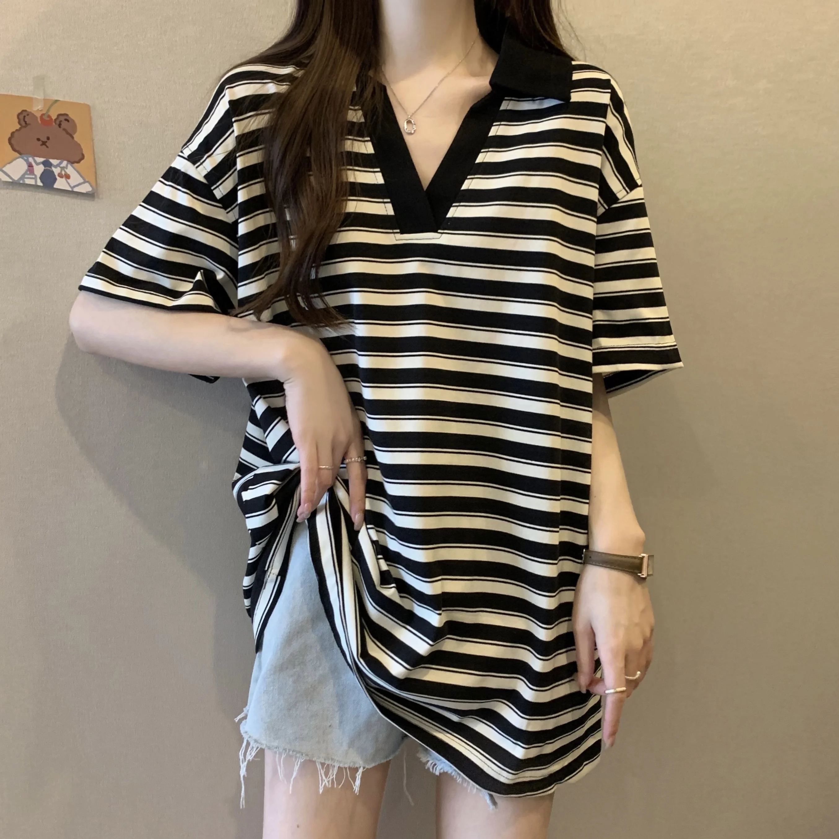 Футболка средней длины в полоску для женщин приталенный воротник поло с коротким