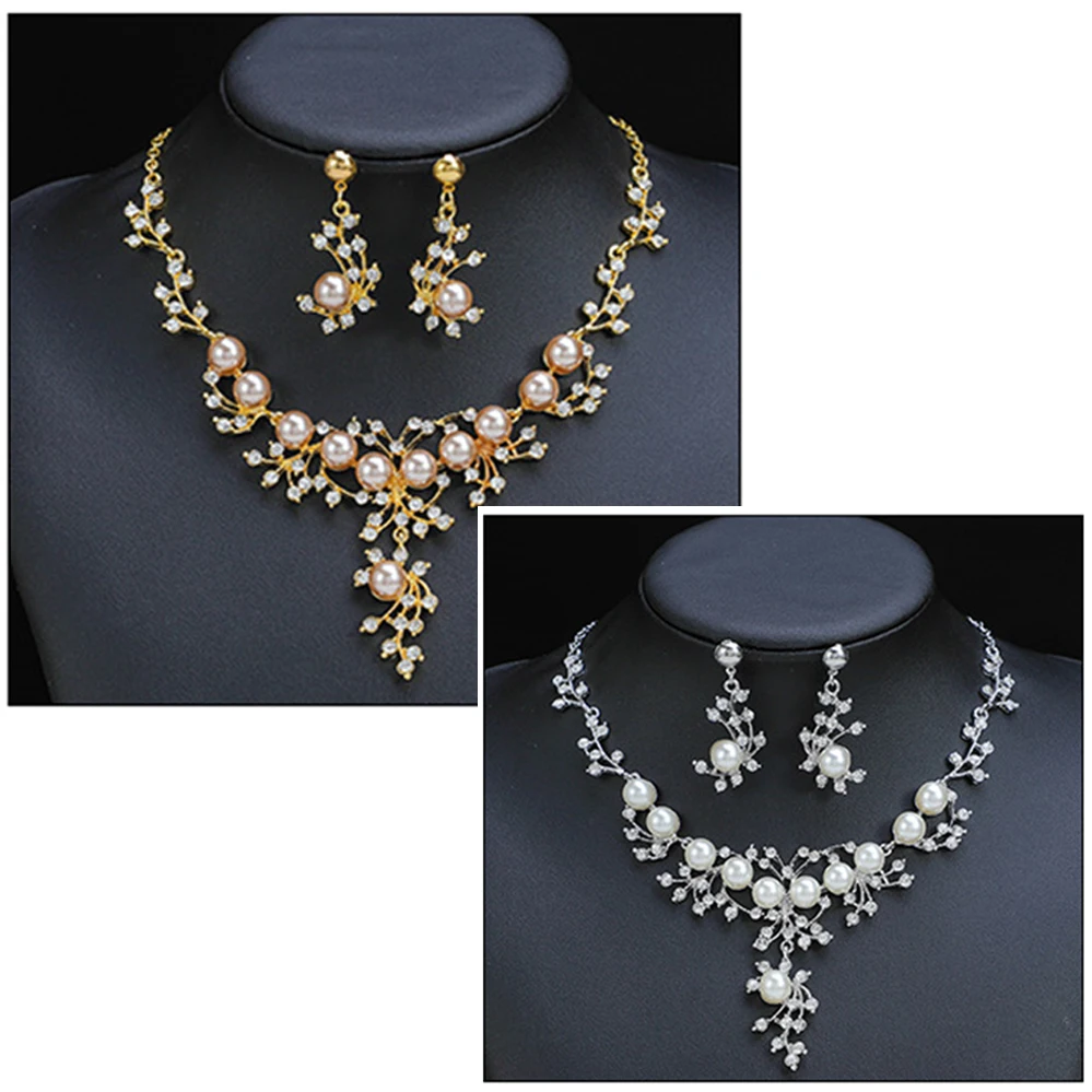 

Sheishow 2 PCS Light Luxury Pearl Necklace Earrings Set for Women Shiny Rhinestones Bridal Banquet Jewelry Fashion Design Gifts