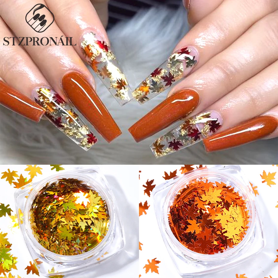 

1Box Autumn Maple Leaf Nail Glitter Holographic Mixed Colorful Sequins 3D Flakes DIY Manicure Art Professional Accessories Tips