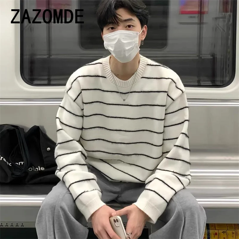 ZAZOMDE винтажный черно-белый полосатый свитер вязаный топ для мужчин осень-зима с