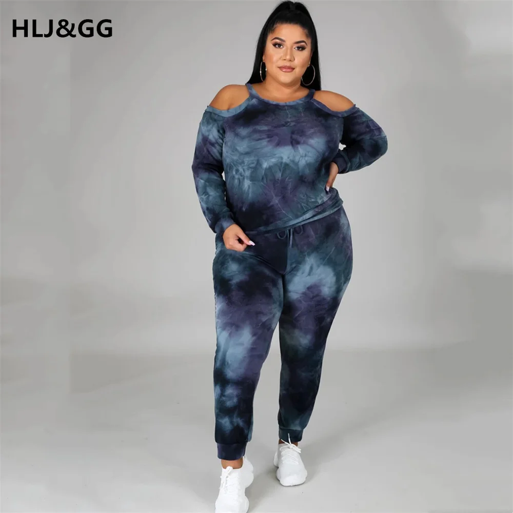HLJ&GG Tie Dye Off Shoulder Plus Size Sport Casual Suits Sets Women 2Pcs Tracksuit Fashion Long Sleeve T-Shirt+Long Pants L-5XL