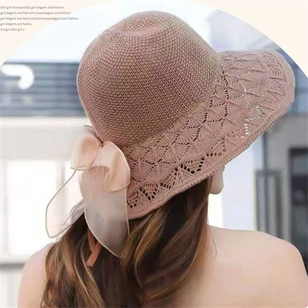 

Summer Foldable Big Brim Straw Hat Women Shade Breathable Sun Hat Outdoor Travel Beach Caps Bow Hollow Out Knitted Women Caps