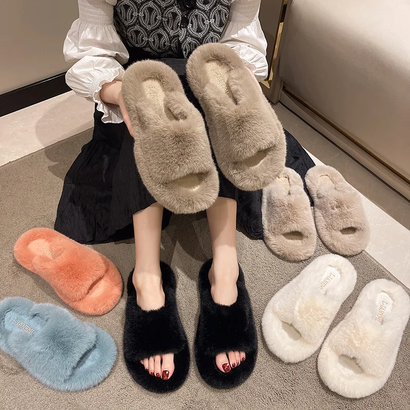 

2022 Winter Home Slippers Ladies Plush Cotton Slippers Non-slip Mute House Boots Flats Shoes Indoor Zapatos de Mujer Fur Slides
