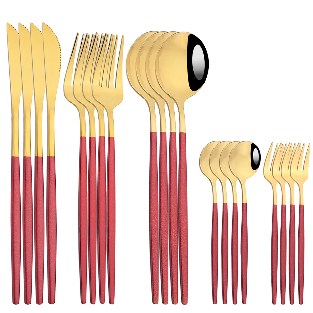 

AJOYOUS 20pcs Red Gold Cutlery Set Stainless Steel Dinnerware Set Forks Knives Spoons Tea Fork Tableware Dishwasher Safe