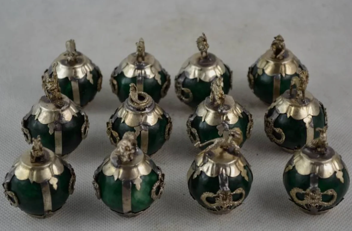 Китайский старый тибет серебряная инкрустация нефрит ручная резная статуя 12