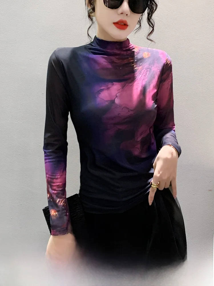 Водолазка сетчатая нижняя рубашка женская осенне-зимняя новинка в стиле вестерн