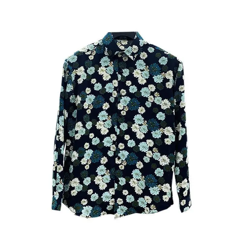 Men'S Chrysanthemum Shirt Long Sleeve Thin Korean Version Slim Trend Personality Handsome Retro Casual Floral Shirt Male A3411