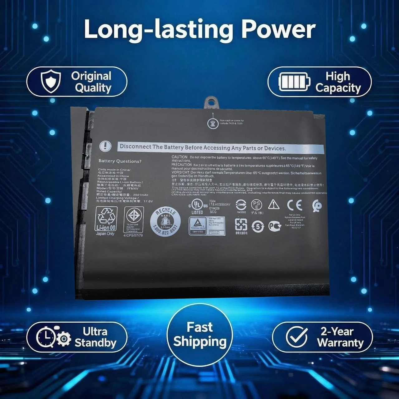 Фото Новый аккумулятор для ноутбуков DELL Latitude 5320, 7320, 7420, 7520 серий, модели 9JM71, 7FMXV, HDGJ8, MHR4G, TN2GY, 4M1JN, 1PP63, 727CG, 0TN2GY, P134G001 №3