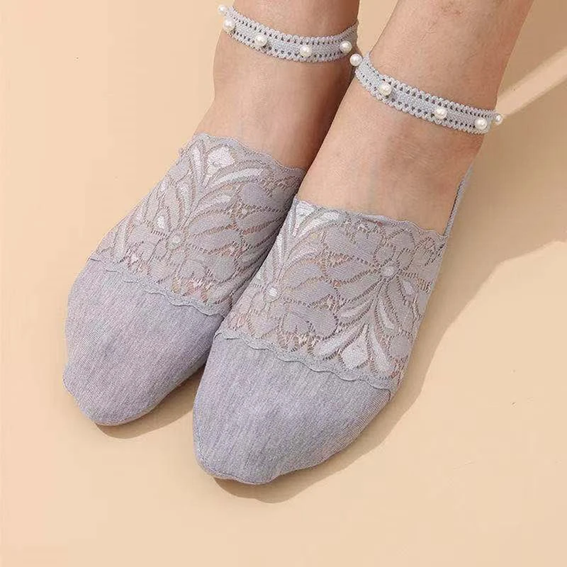 

Summer Thin Cotton Boat Socks Deep Mouth Floral Printed Lace Pearl Invisible Socks For Women Breathable Fashion Ankle Socks