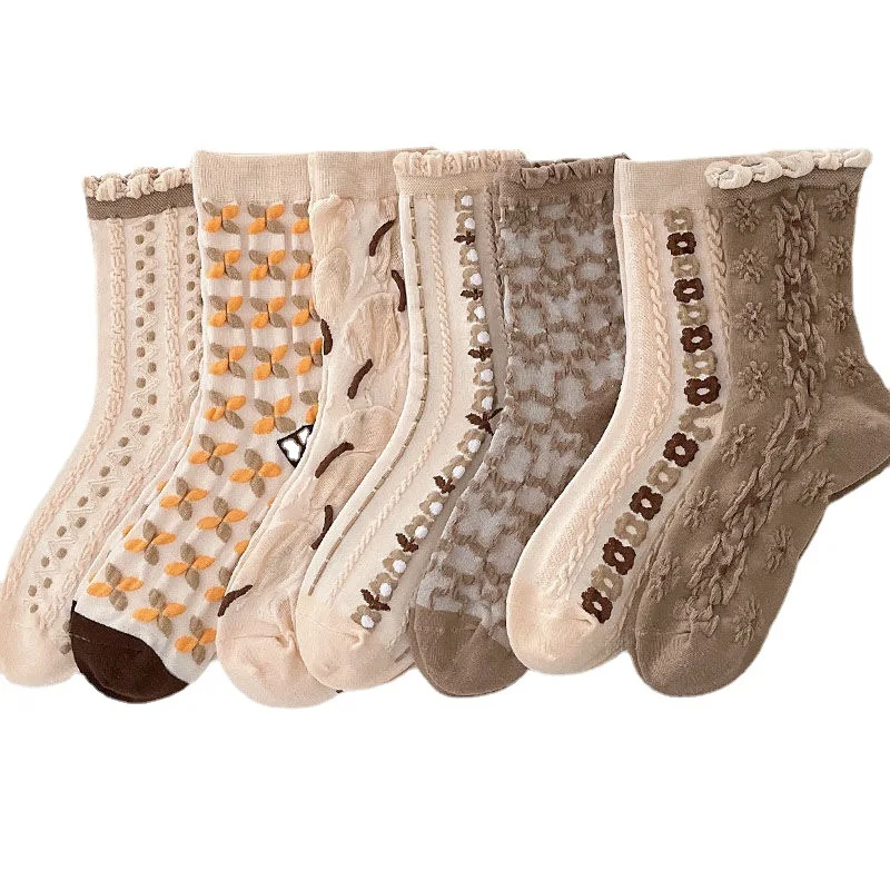 3/5pairs Retro Jacquard Socks Woman Korean Sweet Kawaii Tube Socks Japanese Harajuku Ins Creative Female Sokken Long Socks Women