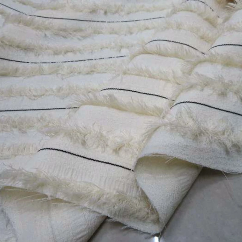 Chemical Fiber Linen Fabric Beige Thick Hemp Bottom Natural Color Tassel Cut Flower Jacquard Fashion Cloth