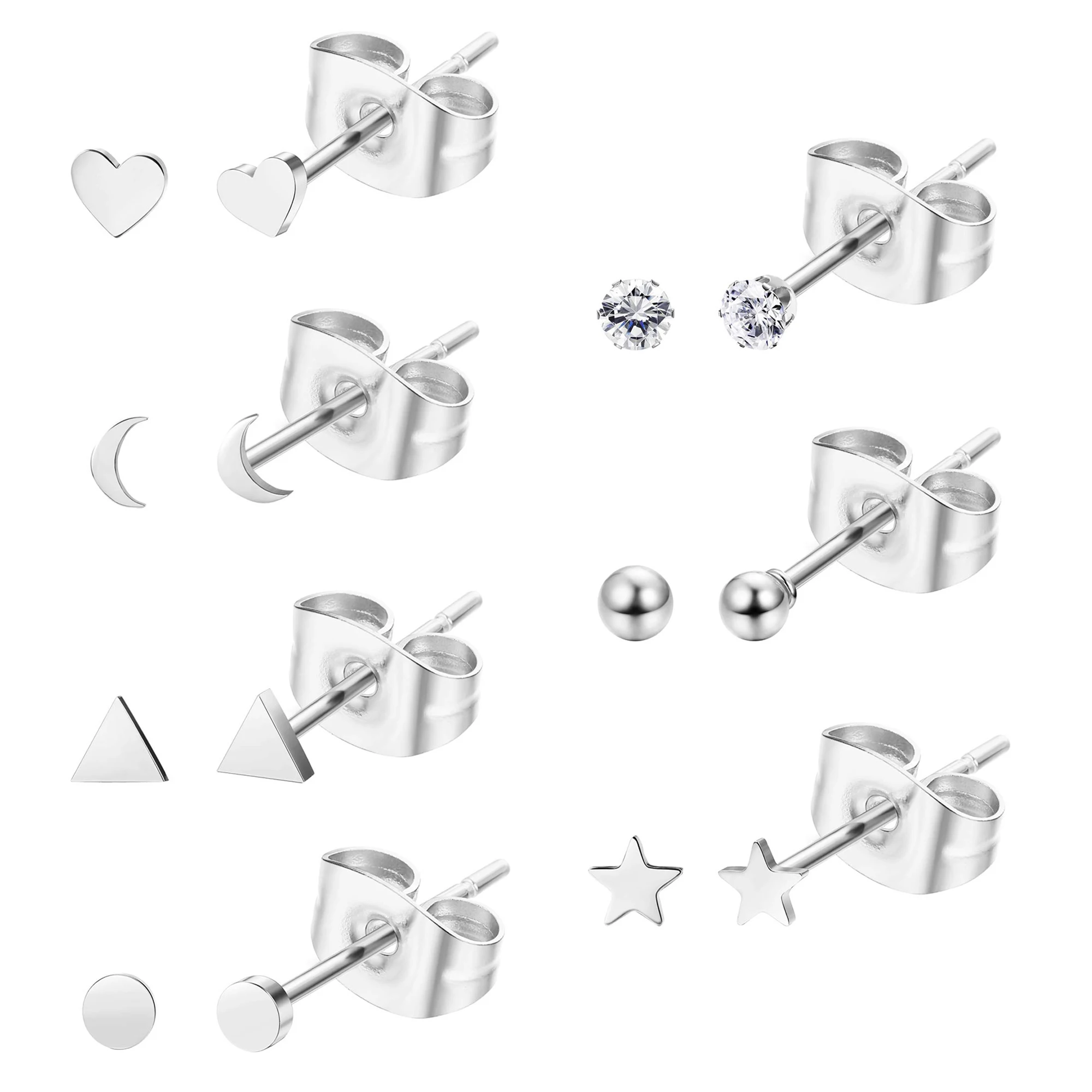 

WKOUD 1-7 Pairs Stainless Steel Tiny Geometric CZ Ball Heart Star Stud Earrings for Women Helix Cartilage Ear Piercing Set