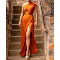 divasily 2022 new fashion solid color orange sexy one shoulder ruched high slit satin dress for women evening party dresses