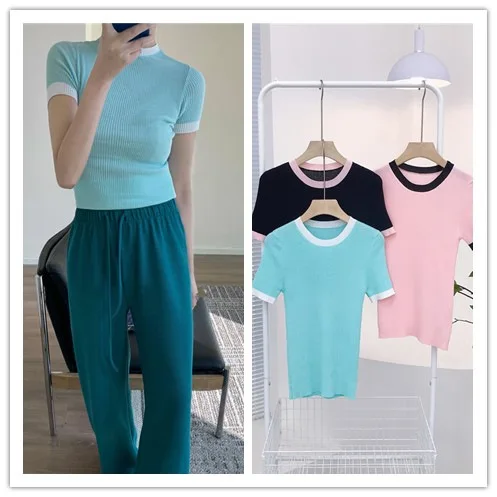 

Pink Color Summer Knit Fabric Women Tees T-Shirt Short Sleeves Y2k Loose Casual Lady Crop Tops Pullover