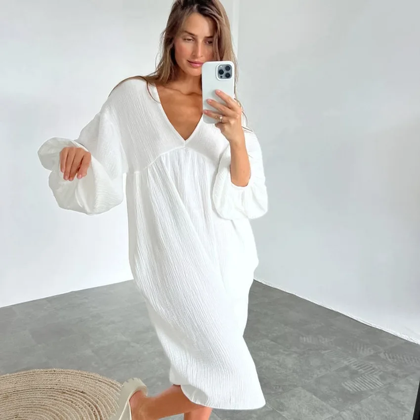 BKQU Lantern Sleeve Night Dress Women Loose V Neck Sleepwear 2023 Autumn Cotton Casual Pajamas Solid Elegant Fashion