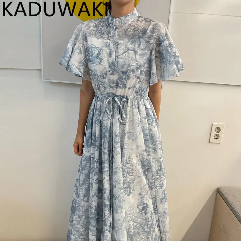 Stand Collar Ink Floral Printed Design Robe Elegant Japanese Flying Sleeve Woman Dress Femme Shirring Slim Waist Midi Vestidos