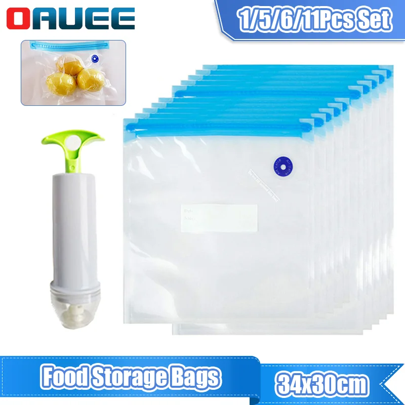 1/5/6/11PCS Food Storage Plastic Bag Moistureproof Food Fresher Bag Sealing Bag Reusable Manual Pump Vacuum Sealer Sous Vide Bag