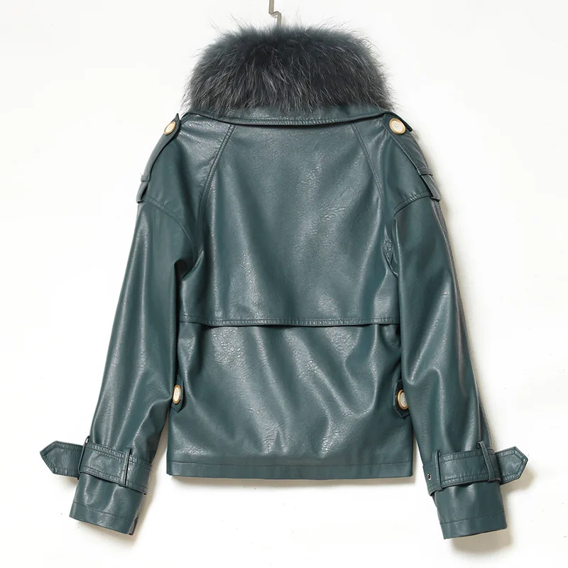 KoHuiJoo 2022 Autumn Winter Women Leather Jacket With Really Fur Collar Warm PU Leather Jackets Short Coat Plus Size M-3XL enlarge