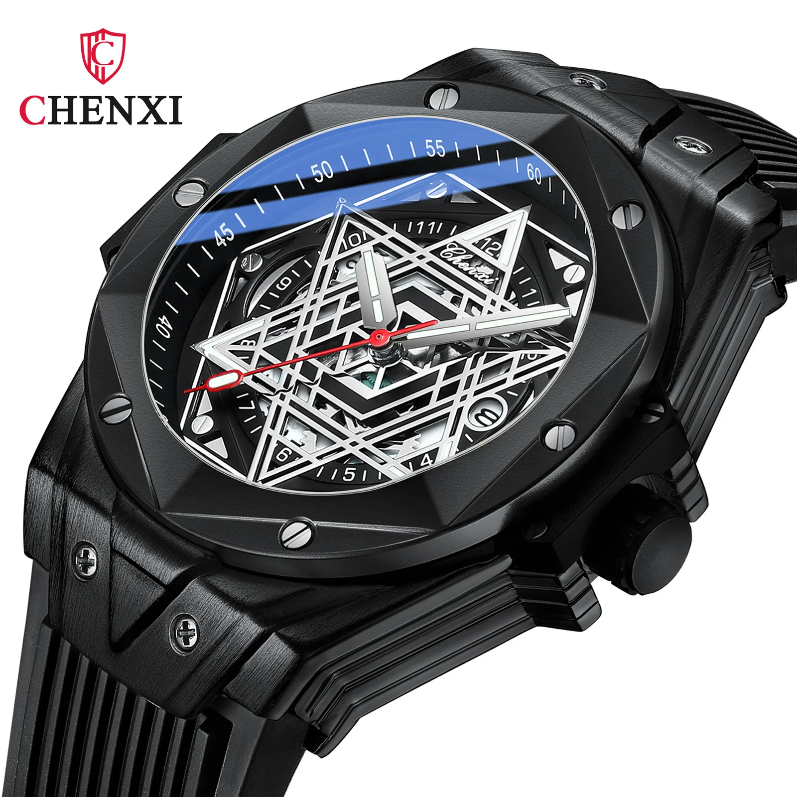 

CHENXI 8252 Geometric Prism Rivet Cool Calendar Silicone Glow Waterproof Men's Quartz Wrist Watch Buy Direct From China