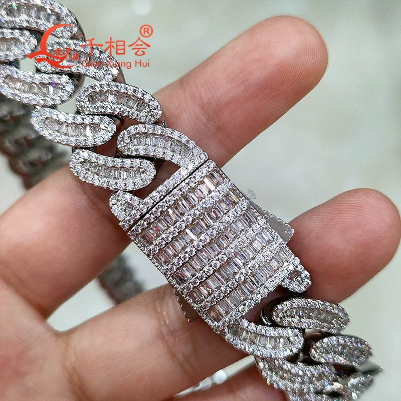 Bracelet S925 silver 16mm baguette moon Cuban Link Iced Out Hip Hop white Moissanite Link Chain Jewelry for Women Men Gifts