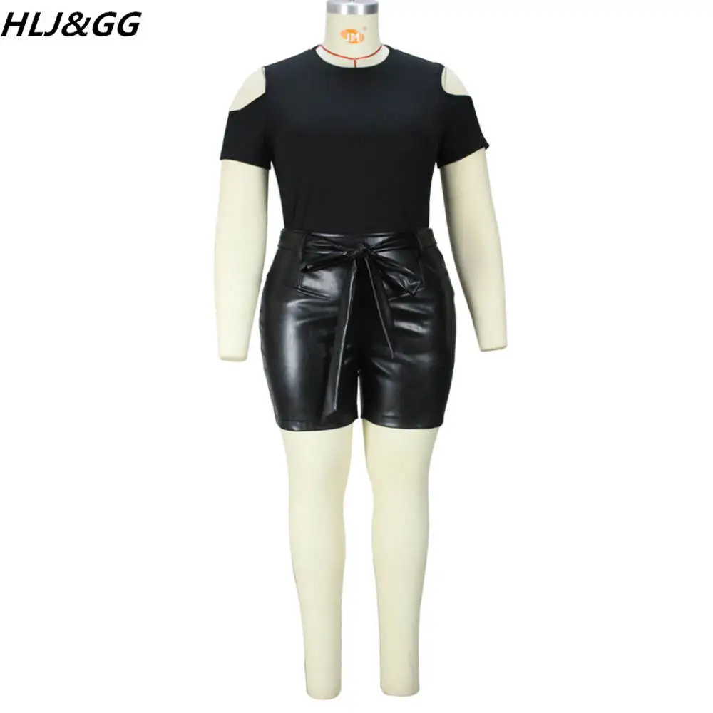 HLJ&GG Black Women Sexy Slim Two Piece Sets Summer PU Leather Skinny Shorts + Off Shoulder Top Outfits Plus Size Matching Suits