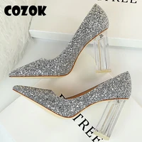 2022 plus size 43 women block 10cm high heels lady gold silver block heels pumps female wedding transparent chunky shoe