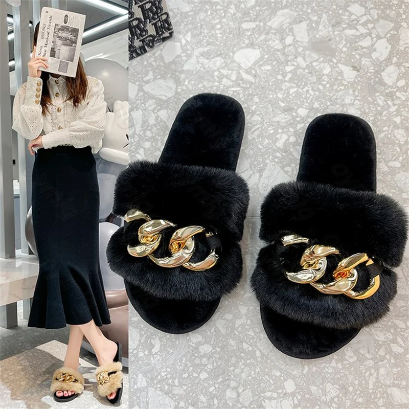 Casual outdoor plush shoes fashion flat-bottomed rhinestone plush slippers women  size 43 women shoes Slippers Flat with