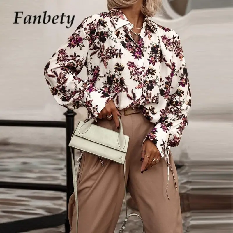 

2023 New Autumn Pattern Printed Ladies Shirt Fashion Lapel Lace-up Long Sleeve Button Tops All-match Office Lady Cardigan Blouse