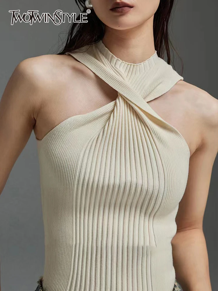 

TWOTWINSTYLE Minimalist Vrisscross Tank Tops For Women Halter Sleeveless Slim Off Shoulder Y2K Temperament Vest Female Fashion