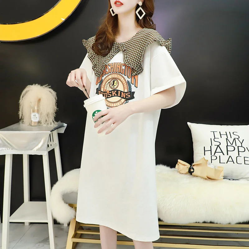 

Long Dress Women Korean Button Baby Collar Fashion Loose 2022 New Summer Large Size Short Sleeve Split Ins Casual Dress