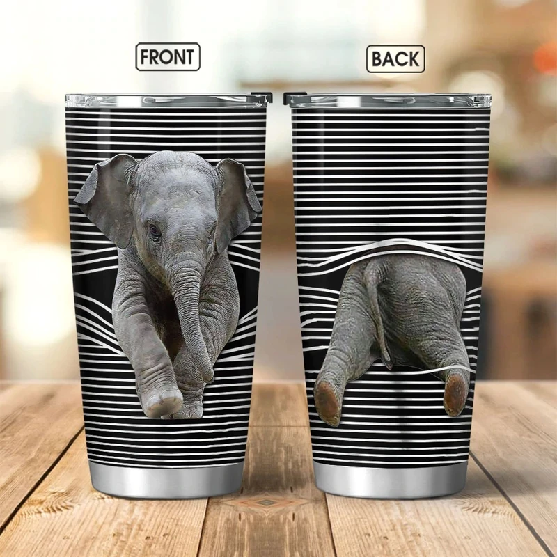 

20oz Elephant Tumbler Cup with Lid Elephant Lover Gift Hot Cold Water Double Wall Vacuum Beer Mug Thermo Travel Coffee Mug