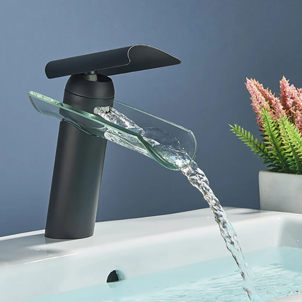 

Basin Faucet Waterfall Spout Glass Solid Brass Deck Counter-top Sink Faucets Single Handle Cold and Hot Mixer Tap