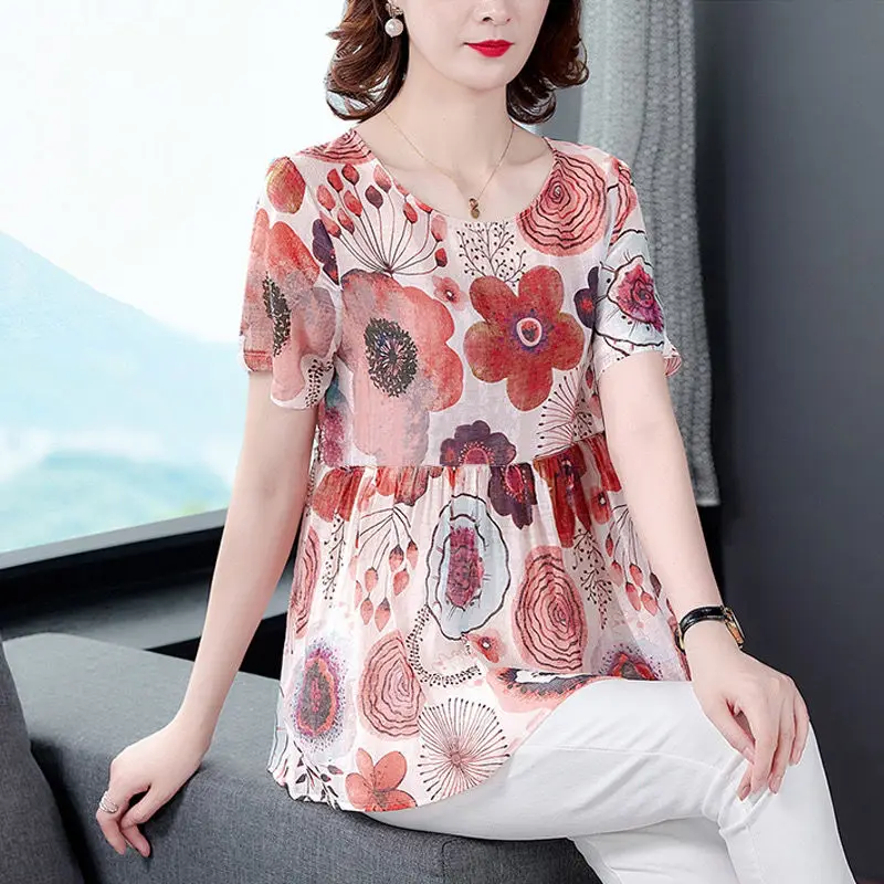 

Женские пуловеры с коротким рукавом, топы с круглым вырезом, Модные свободные повседневные летние тонкие простые футболки с цветочным принтом, 2023